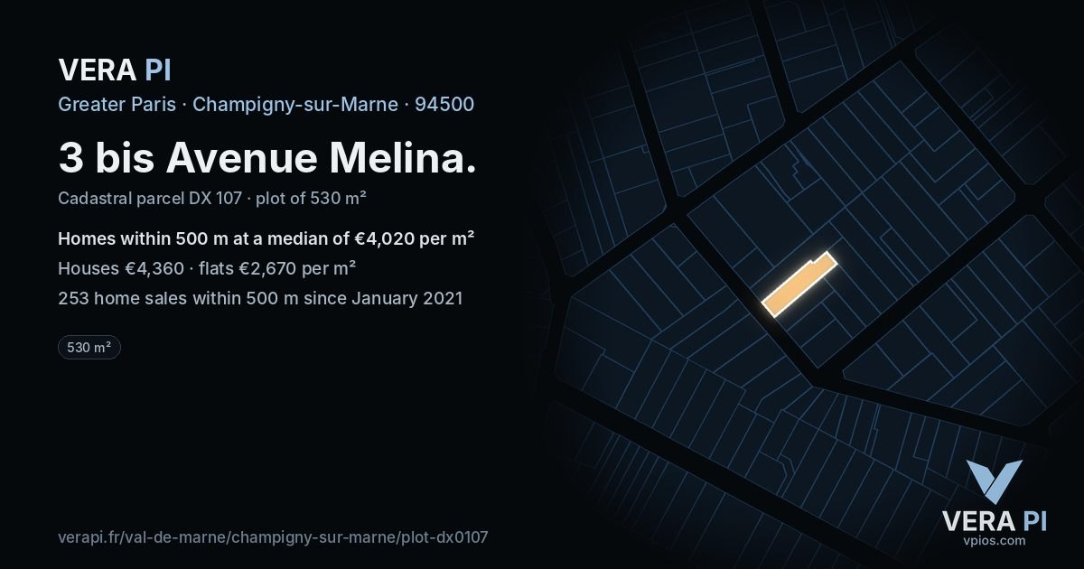 3 bis Avenue Melina, Champigny-sur-Marne at night – the plot lit, the parcels around coloured by the prices near them