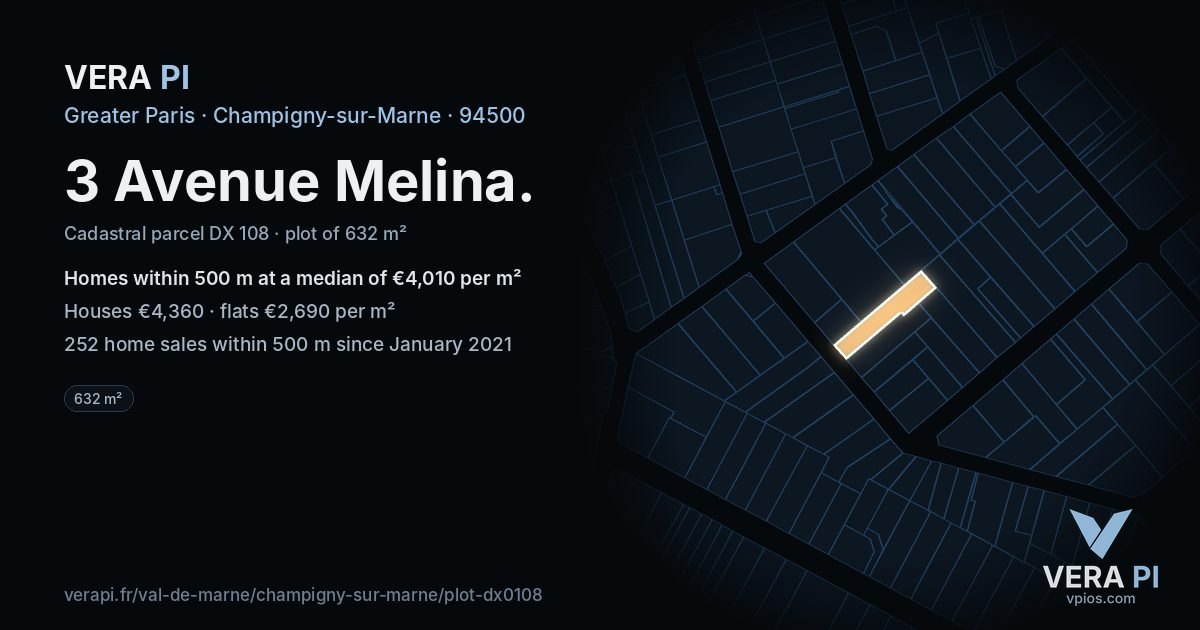 3 Avenue Melina, Champigny-sur-Marne at night – the plot lit, the parcels around coloured by the prices near them