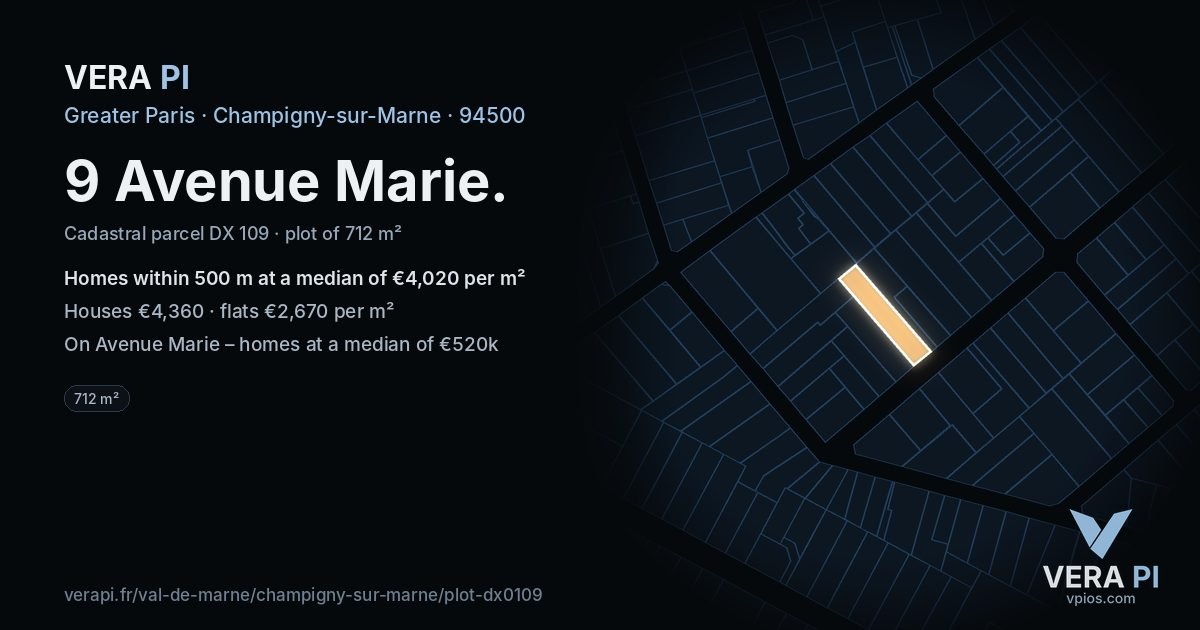 9 Avenue Marie, Champigny-sur-Marne at night – the plot lit, the parcels around coloured by the prices near them