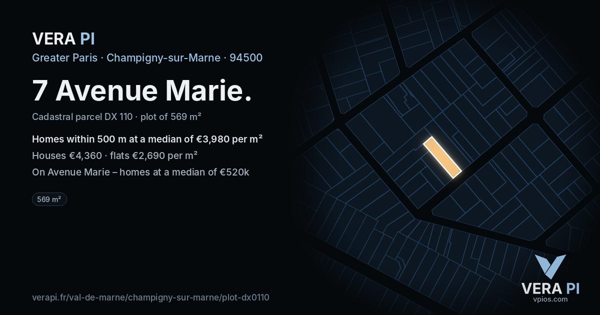 7 Avenue Marie, Champigny-sur-Marne at night – the plot lit, the parcels around coloured by the prices near them