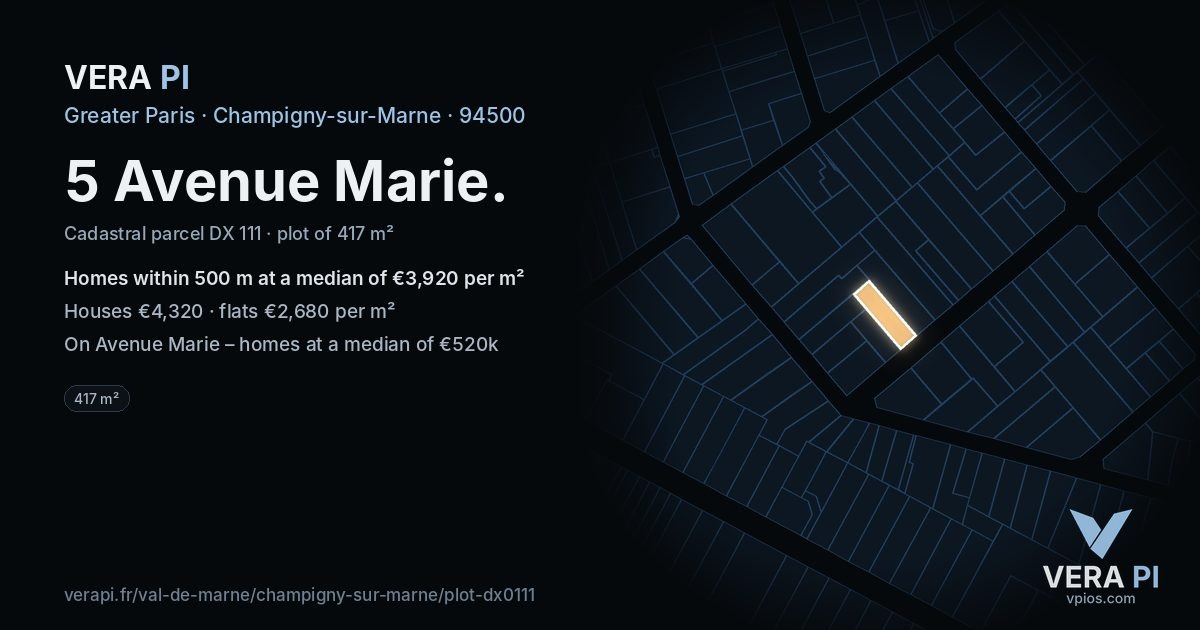 5 Avenue Marie, Champigny-sur-Marne at night – the plot lit, the parcels around coloured by the prices near them