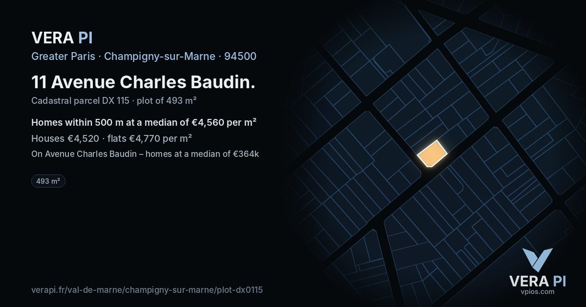 11 Avenue Charles Baudin, Champigny-sur-Marne at night – the plot lit, the parcels around coloured by the prices near them