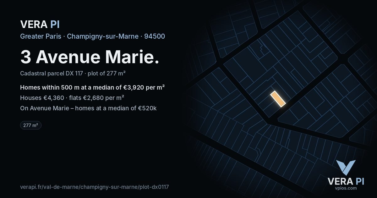 3 Avenue Marie, Champigny-sur-Marne at night – the plot lit, the parcels around coloured by the prices near them