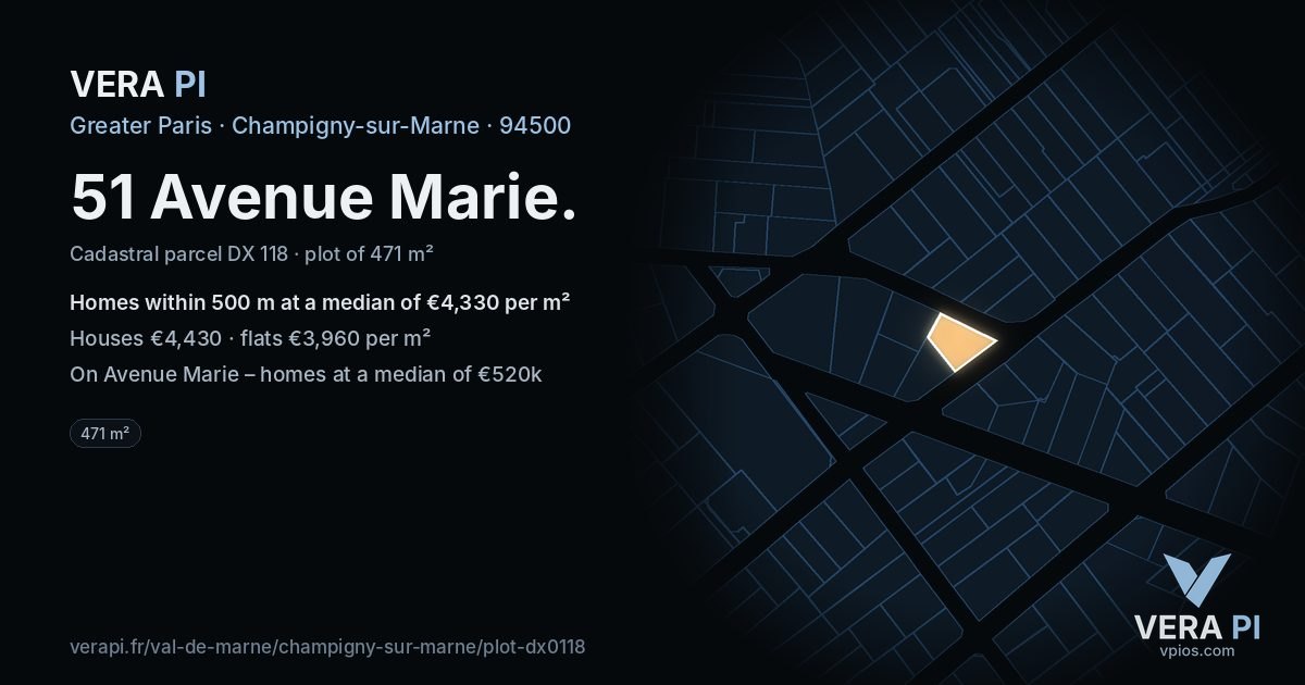 51 Avenue Marie, Champigny-sur-Marne at night – the plot lit, the parcels around coloured by the prices near them