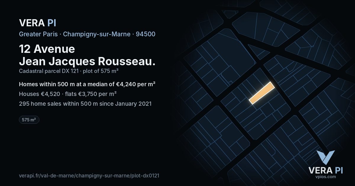 12 Avenue Jean Jacques Rousseau, Champigny-sur-Marne at night – the plot lit, the parcels around coloured by the prices near them