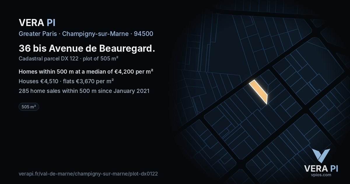 36 bis Avenue de Beauregard, Champigny-sur-Marne at night – the plot lit, the parcels around coloured by the prices near them