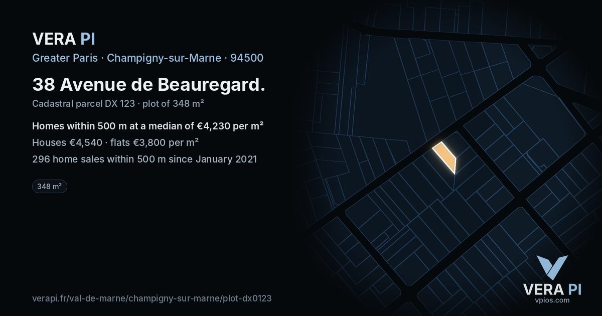 38 Avenue de Beauregard, Champigny-sur-Marne at night – the plot lit, the parcels around coloured by the prices near them