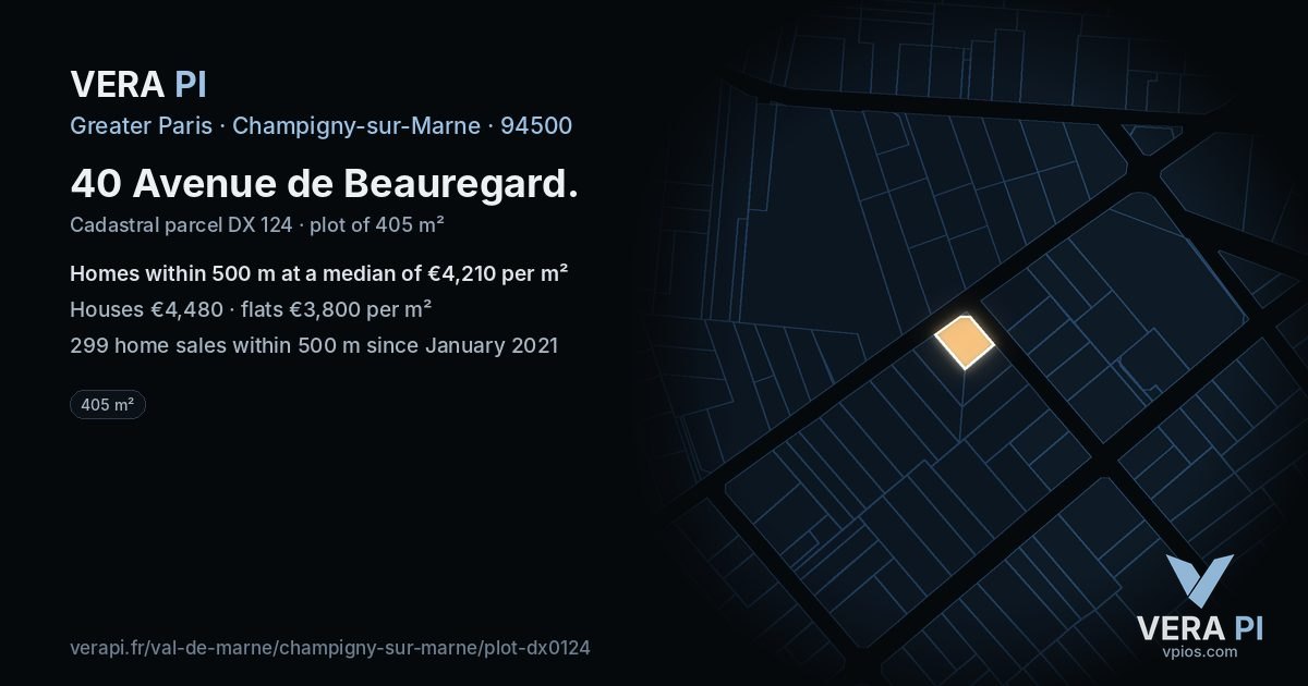 40 Avenue de Beauregard, Champigny-sur-Marne at night – the plot lit, the parcels around coloured by the prices near them