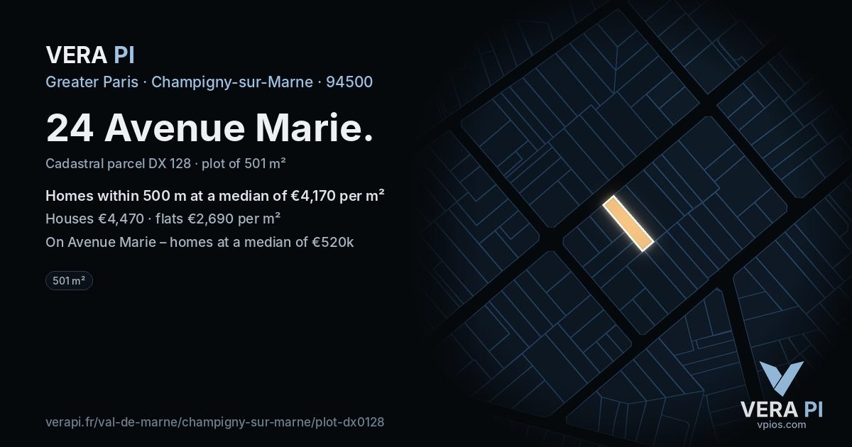 24 Avenue Marie, Champigny-sur-Marne at night – the plot lit, the parcels around coloured by the prices near them