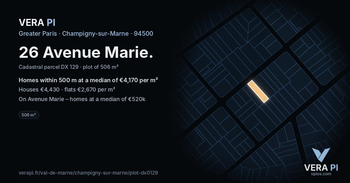 26 Avenue Marie, Champigny-sur-Marne at night – the plot lit, the parcels around coloured by the prices near them