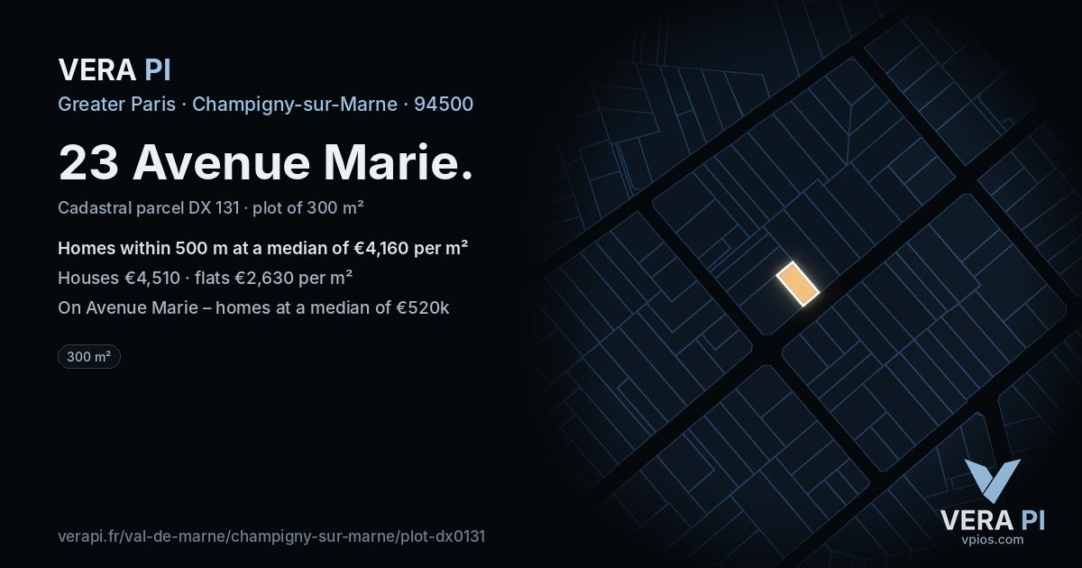 23 Avenue Marie, Champigny-sur-Marne at night – the plot lit, the parcels around coloured by the prices near them