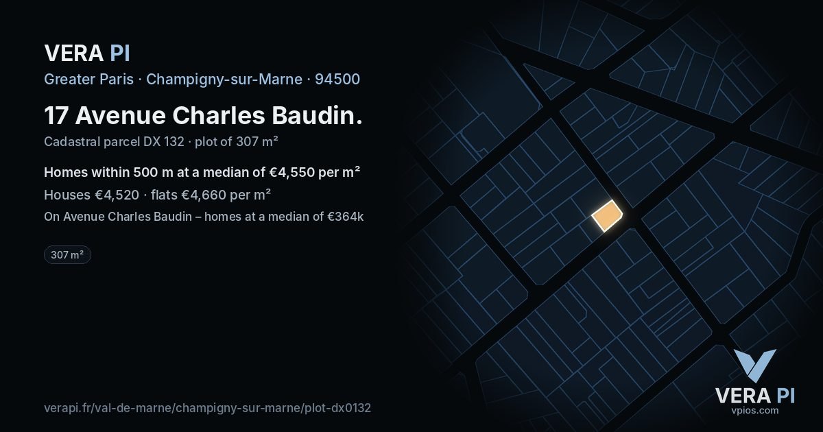 17 Avenue Charles Baudin, Champigny-sur-Marne at night – the plot lit, the parcels around coloured by the prices near them