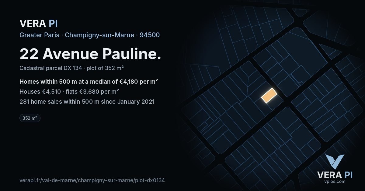 22 Avenue Pauline, Champigny-sur-Marne at night – the plot lit, the parcels around coloured by the prices near them