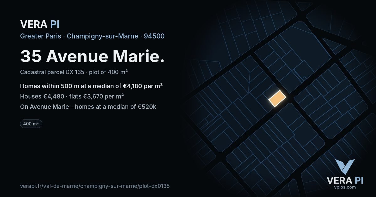 35 Avenue Marie, Champigny-sur-Marne at night – the plot lit, the parcels around coloured by the prices near them