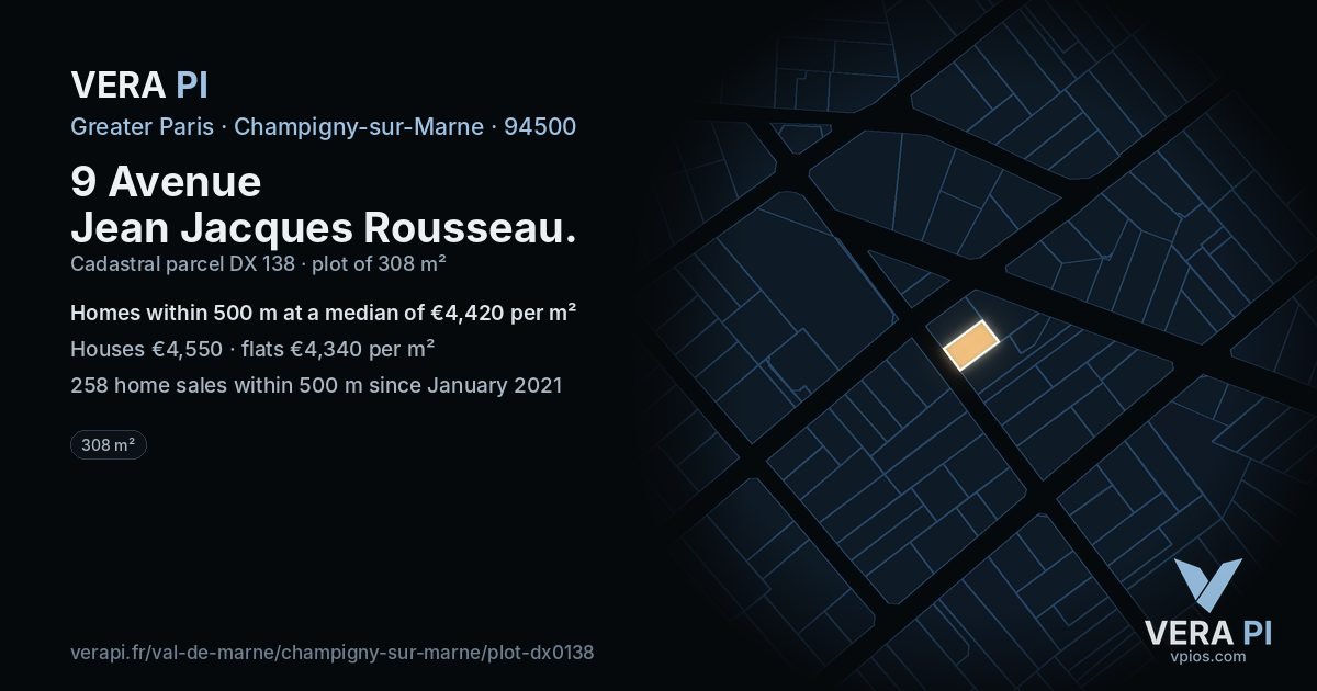 9 Avenue Jean Jacques Rousseau, Champigny-sur-Marne at night – the plot lit, the parcels around coloured by the prices near them