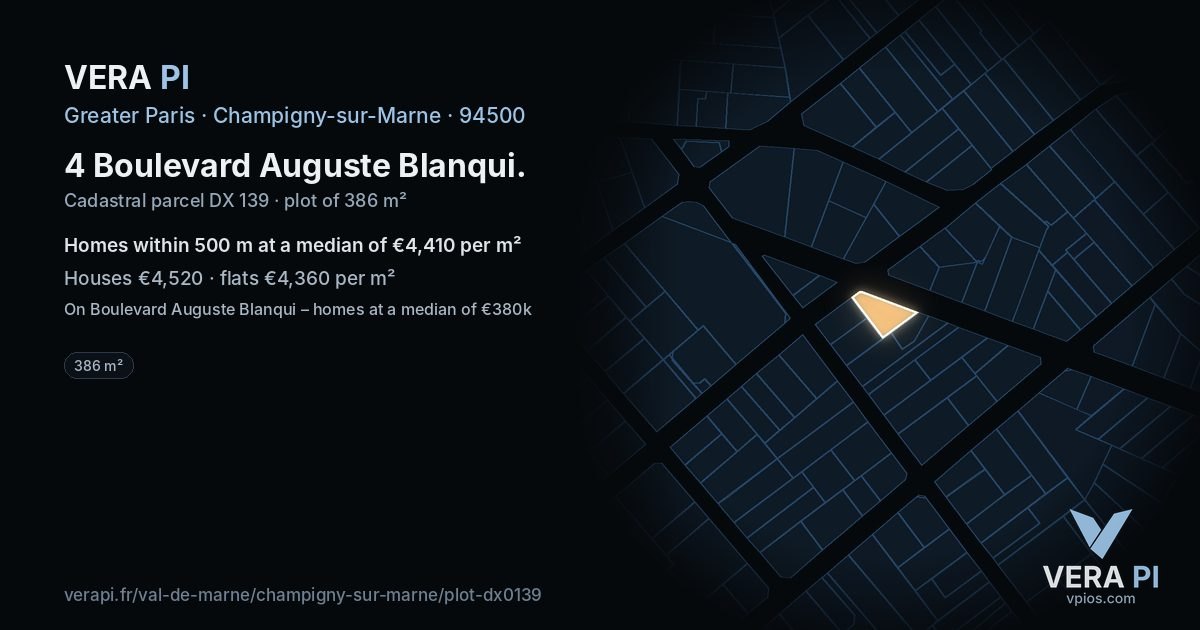 4 Boulevard Auguste Blanqui, Champigny-sur-Marne at night – the plot lit, the parcels around coloured by the prices near them