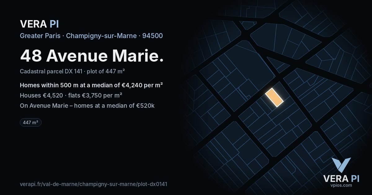 48 Avenue Marie, Champigny-sur-Marne at night – the plot lit, the parcels around coloured by the prices near them