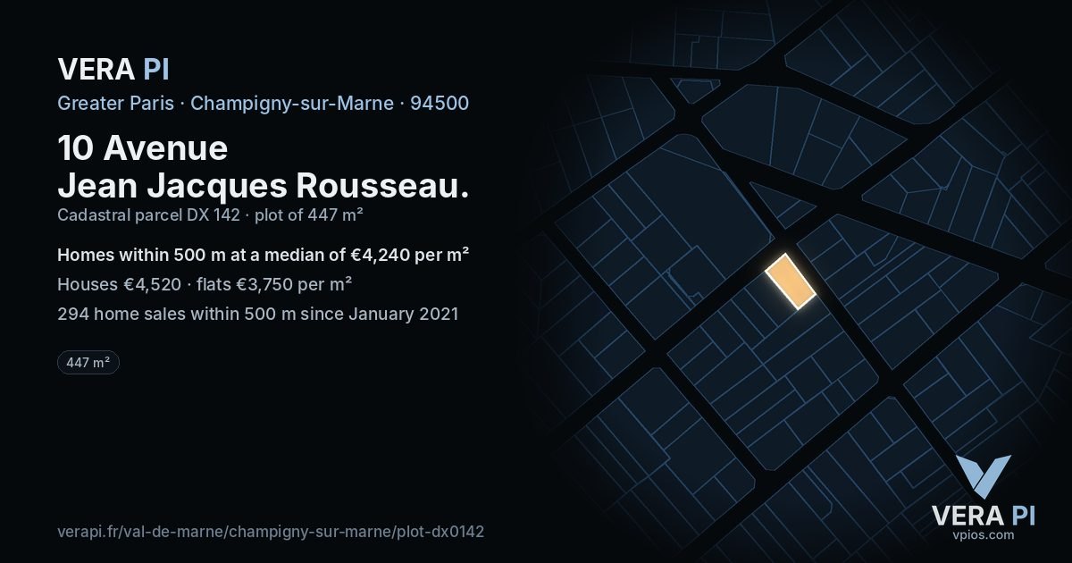 10 Avenue Jean Jacques Rousseau, Champigny-sur-Marne at night – the plot lit, the parcels around coloured by the prices near them