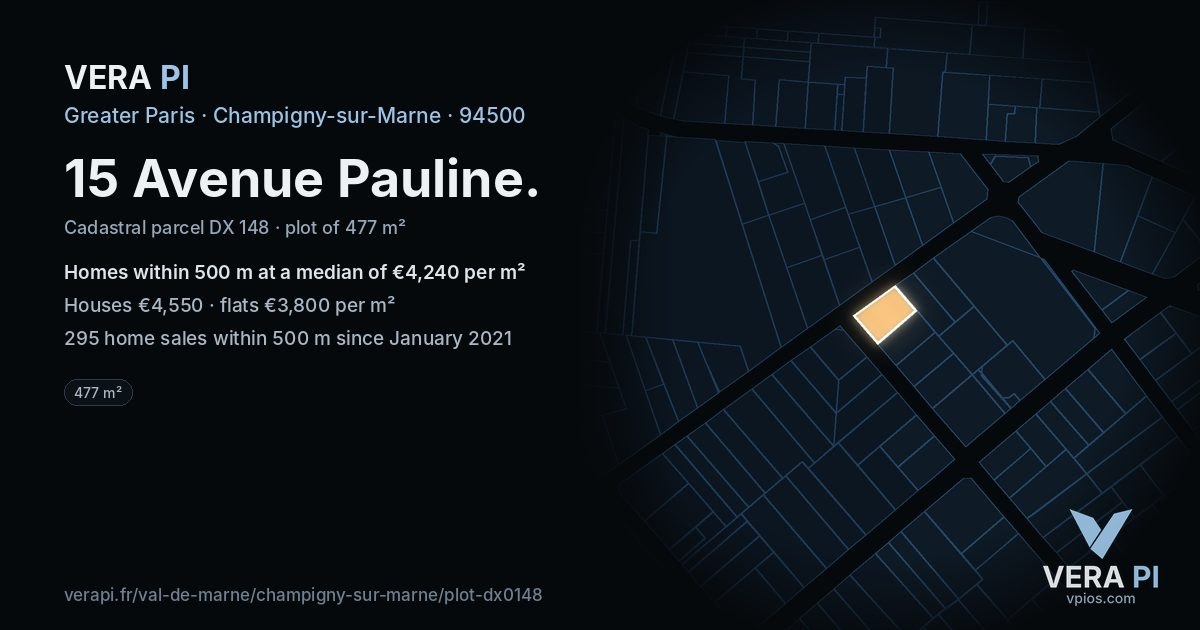 15 Avenue Pauline, Champigny-sur-Marne at night – the plot lit, the parcels around coloured by the prices near them