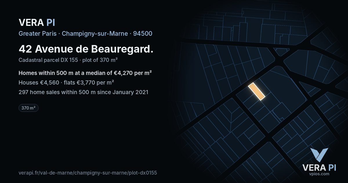 42 Avenue de Beauregard, Champigny-sur-Marne at night – the plot lit, the parcels around coloured by the prices near them