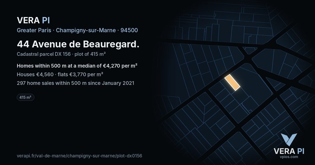 44 Avenue de Beauregard, Champigny-sur-Marne at night – the plot lit, the parcels around coloured by the prices near them