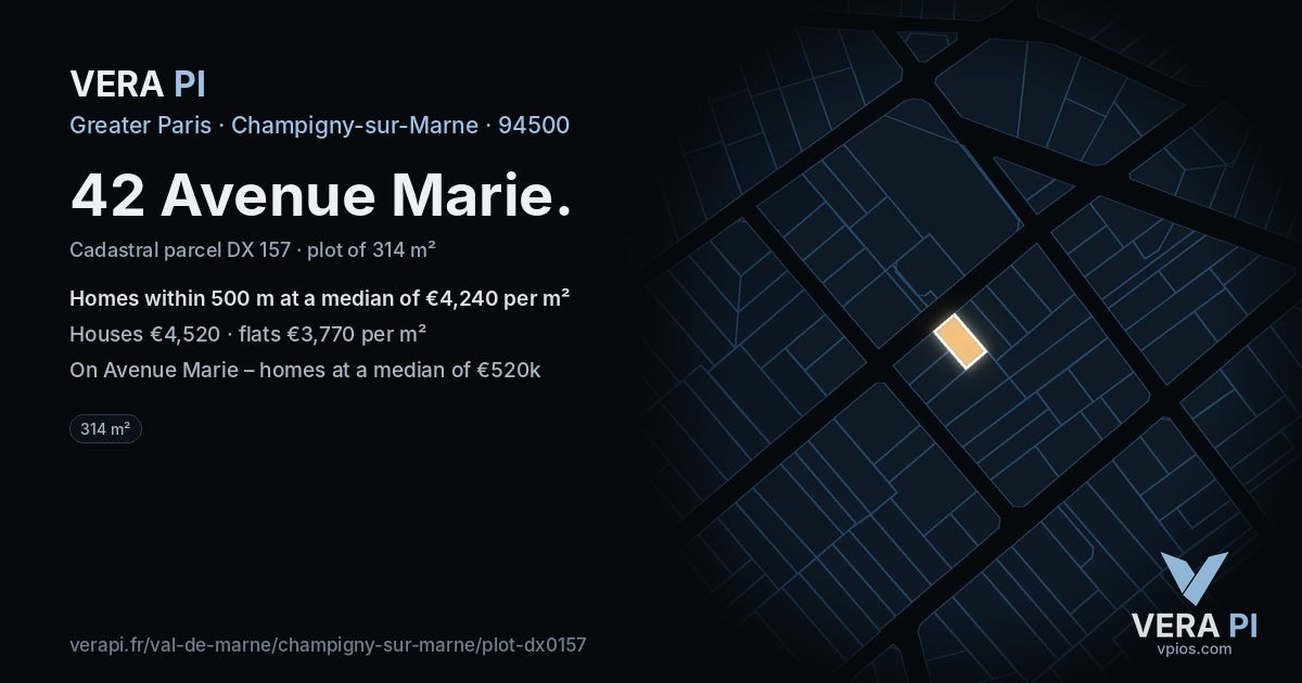 42 Avenue Marie, Champigny-sur-Marne at night – the plot lit, the parcels around coloured by the prices near them