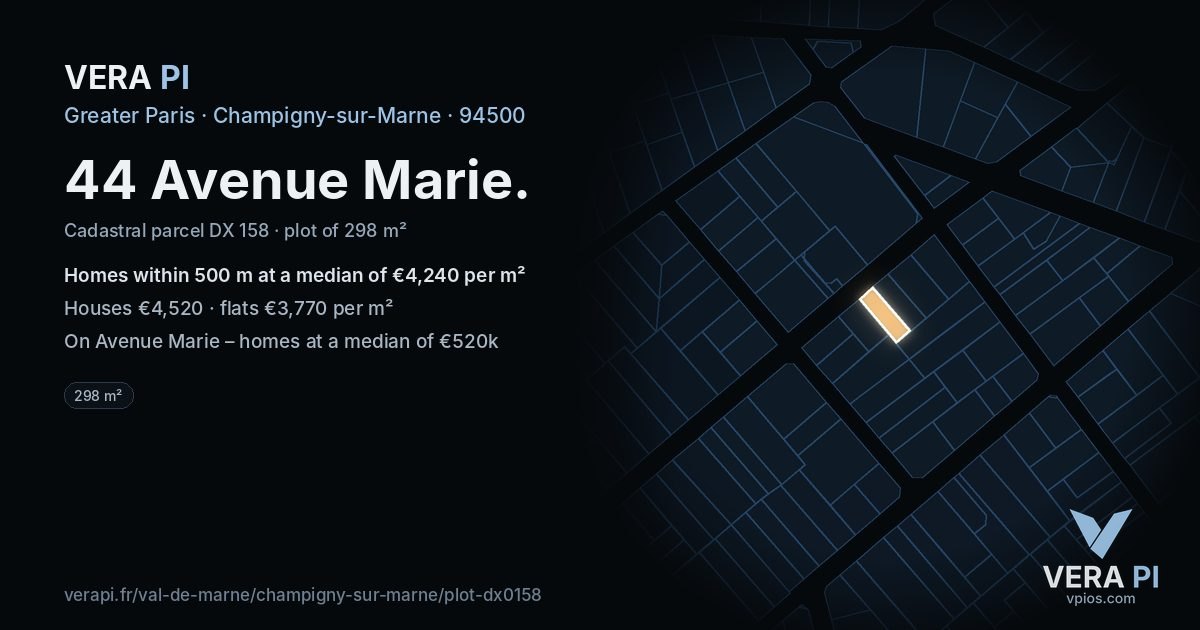 44 Avenue Marie, Champigny-sur-Marne at night – the plot lit, the parcels around coloured by the prices near them