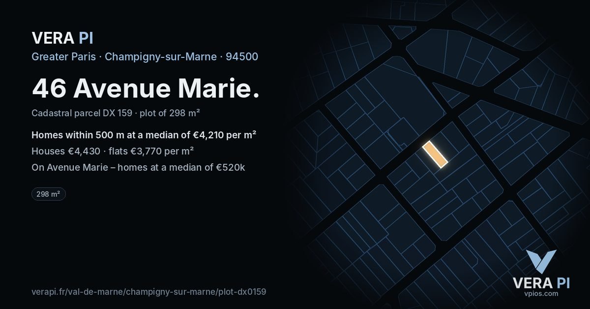 46 Avenue Marie, Champigny-sur-Marne at night – the plot lit, the parcels around coloured by the prices near them