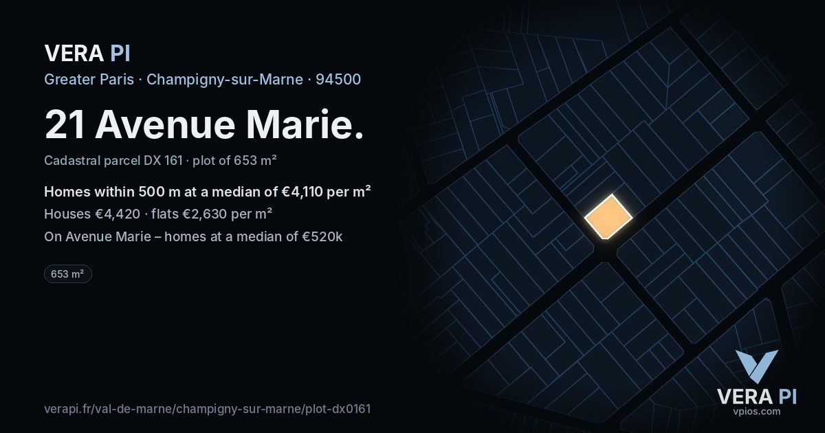 21 Avenue Marie, Champigny-sur-Marne at night – the plot lit, the parcels around coloured by the prices near them
