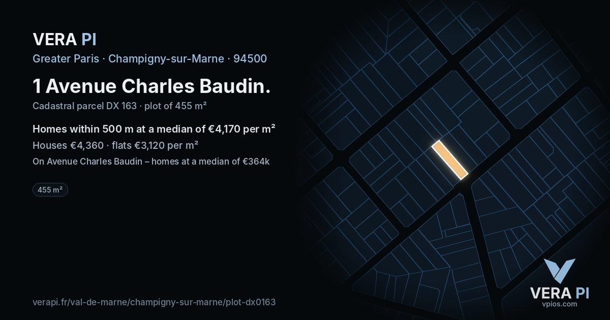 1 Avenue Charles Baudin, Champigny-sur-Marne at night – the plot lit, the parcels around coloured by the prices near them