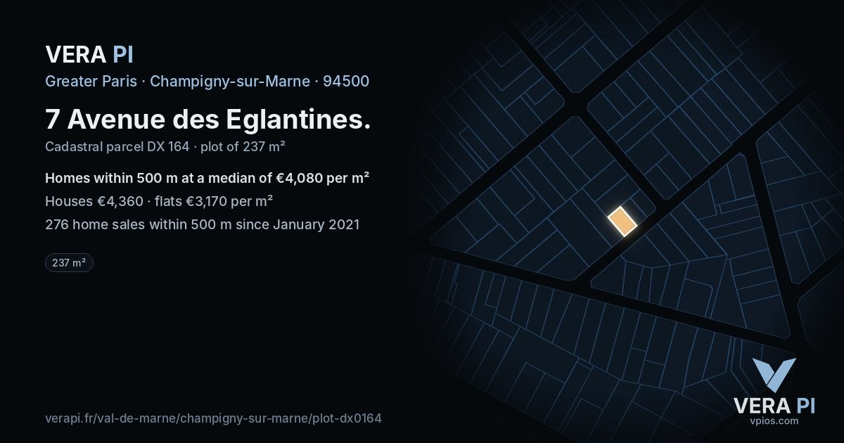 7 Avenue des Eglantines, Champigny-sur-Marne at night – the plot lit, the parcels around coloured by the prices near them