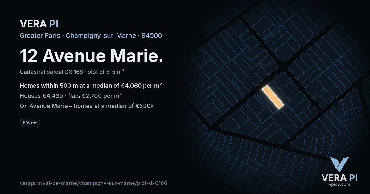12 Avenue Marie, Champigny-sur-Marne at night – the plot lit, the parcels around coloured by the prices near them
