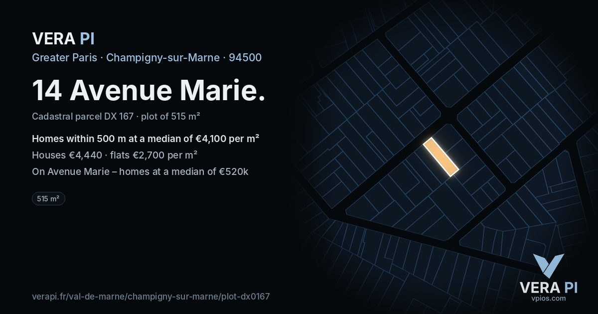 14 Avenue Marie, Champigny-sur-Marne at night – the plot lit, the parcels around coloured by the prices near them