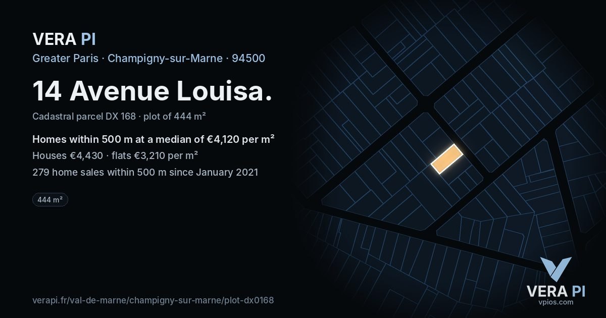 14 Avenue Louisa, Champigny-sur-Marne at night – the plot lit, the parcels around coloured by the prices near them