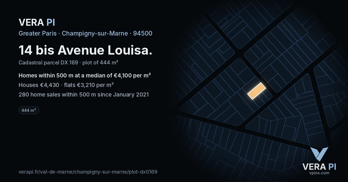 14 bis Avenue Louisa, Champigny-sur-Marne at night – the plot lit, the parcels around coloured by the prices near them