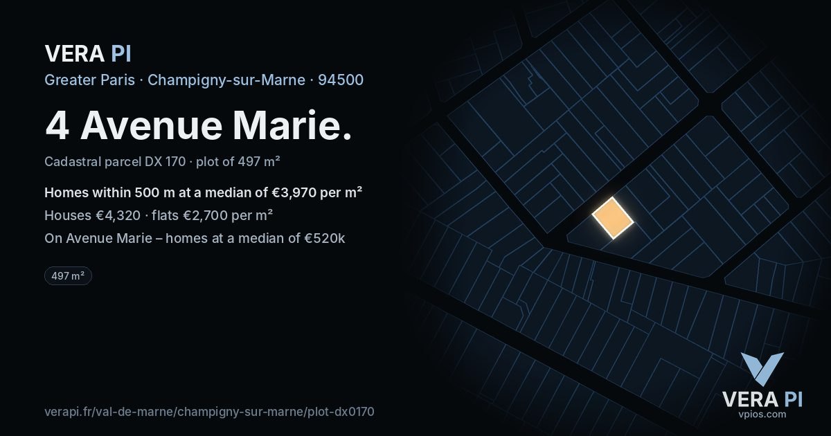 4 Avenue Marie, Champigny-sur-Marne at night – the plot lit, the parcels around coloured by the prices near them
