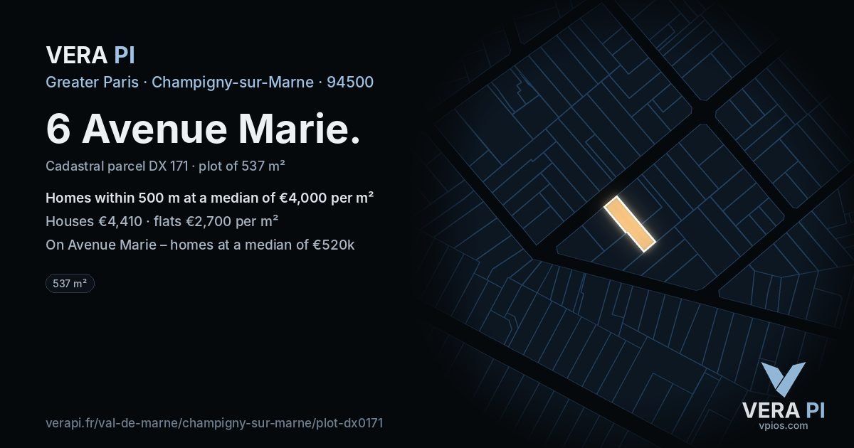 6 Avenue Marie, Champigny-sur-Marne at night – the plot lit, the parcels around coloured by the prices near them