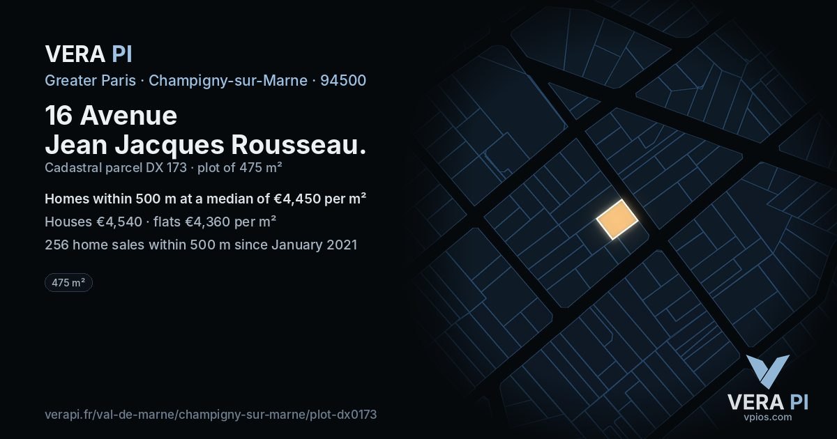 16 Avenue Jean Jacques Rousseau, Champigny-sur-Marne at night – the plot lit, the parcels around coloured by the prices near them