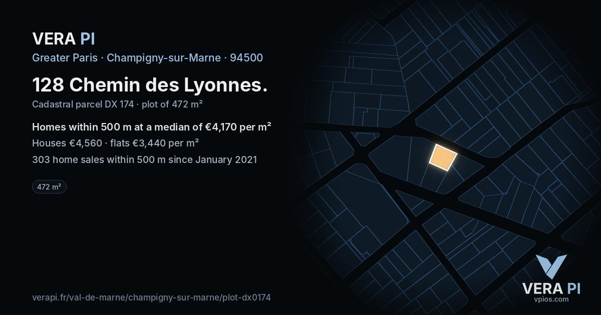 128 Chemin des Lyonnes, Champigny-sur-Marne at night – the plot lit, the parcels around coloured by the prices near them