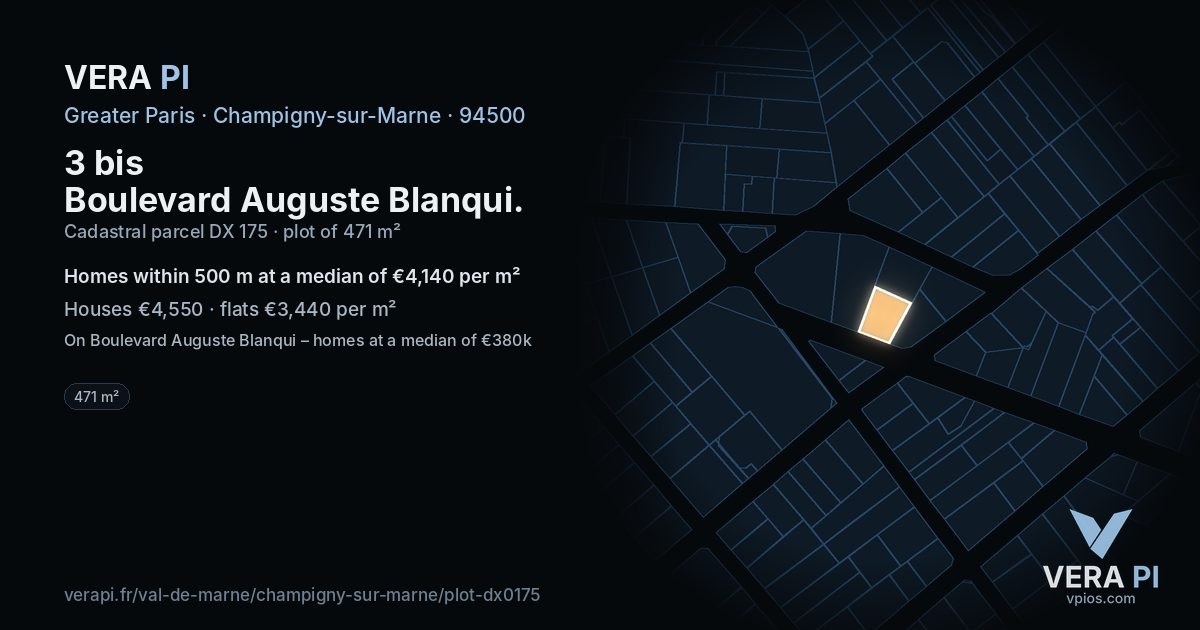 3 bis Boulevard Auguste Blanqui, Champigny-sur-Marne at night – the plot lit, the parcels around coloured by the prices near them