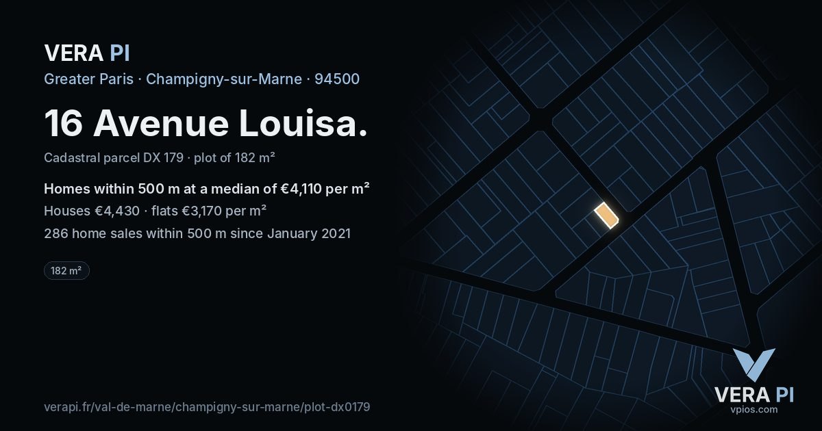 16 Avenue Louisa, Champigny-sur-Marne at night – the plot lit, the parcels around coloured by the prices near them