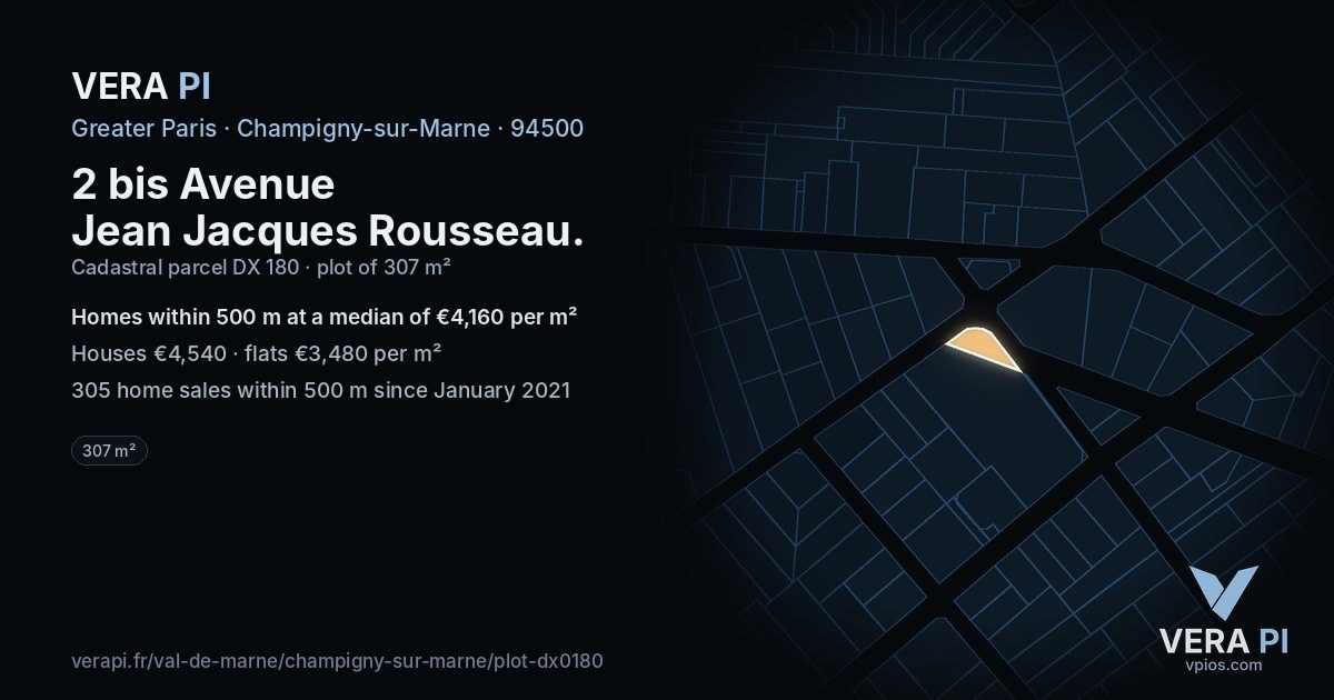 2 bis Avenue Jean Jacques Rousseau, Champigny-sur-Marne at night – the plot lit, the parcels around coloured by the prices near them