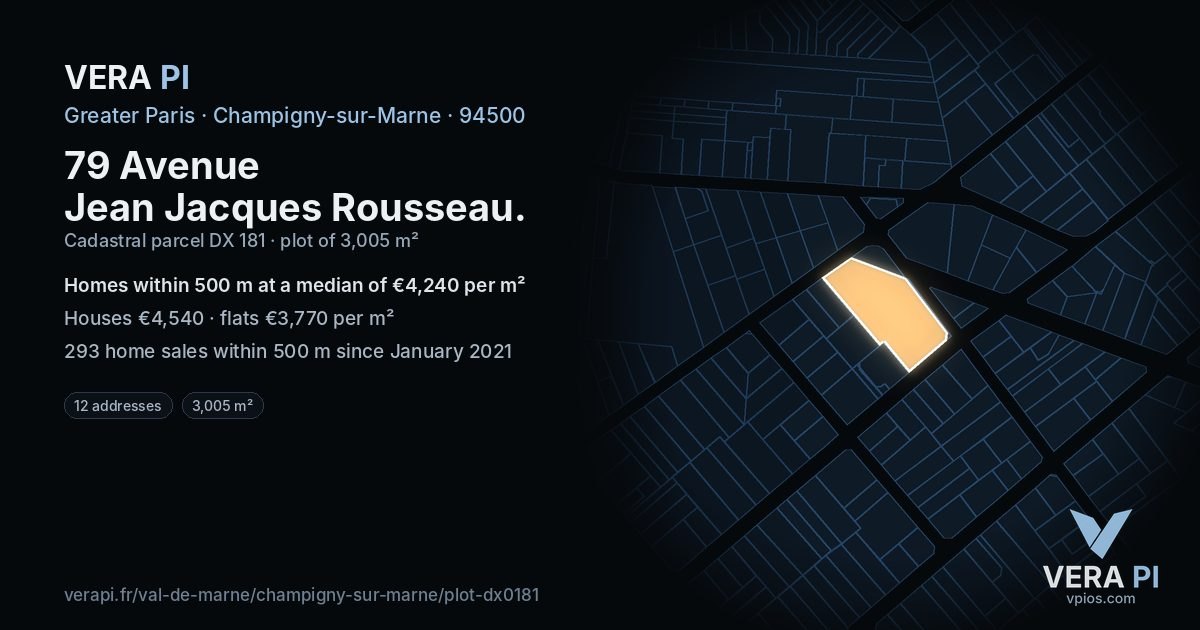 79 Avenue Jean Jacques Rousseau, Champigny-sur-Marne at night – the plot lit, the parcels around coloured by the prices near them