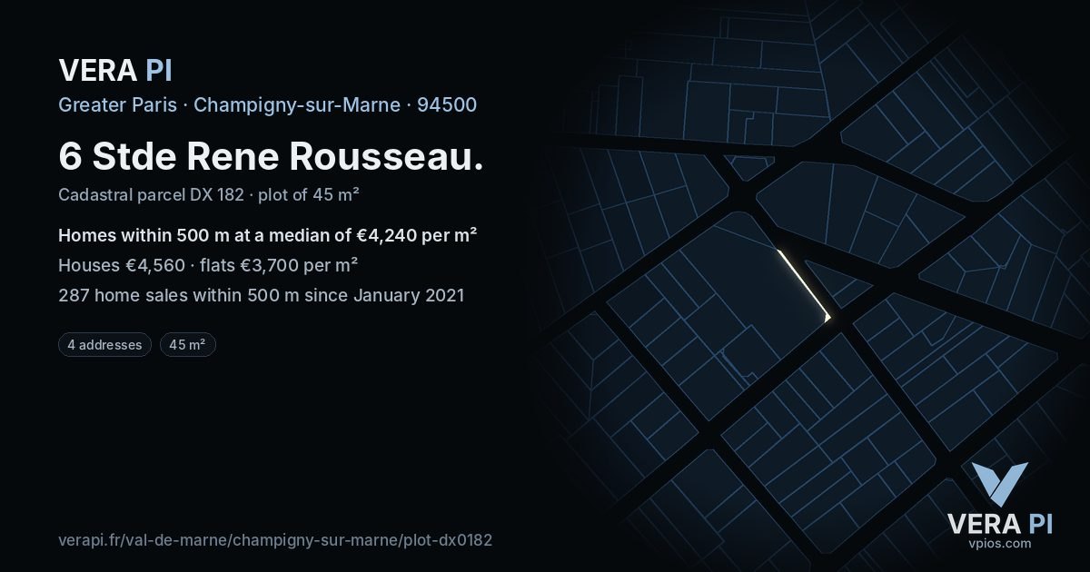 6 Stde Rene Rousseau, Champigny-sur-Marne at night – the plot lit, the parcels around coloured by the prices near them