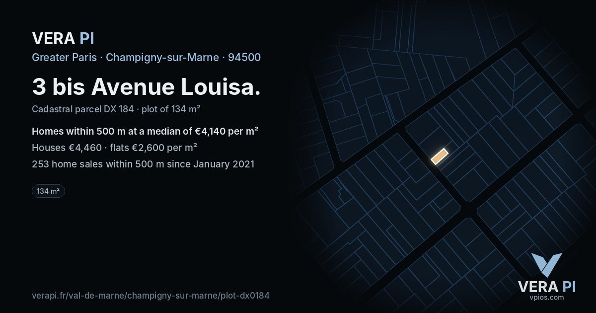 3 bis Avenue Louisa, Champigny-sur-Marne at night – the plot lit, the parcels around coloured by the prices near them