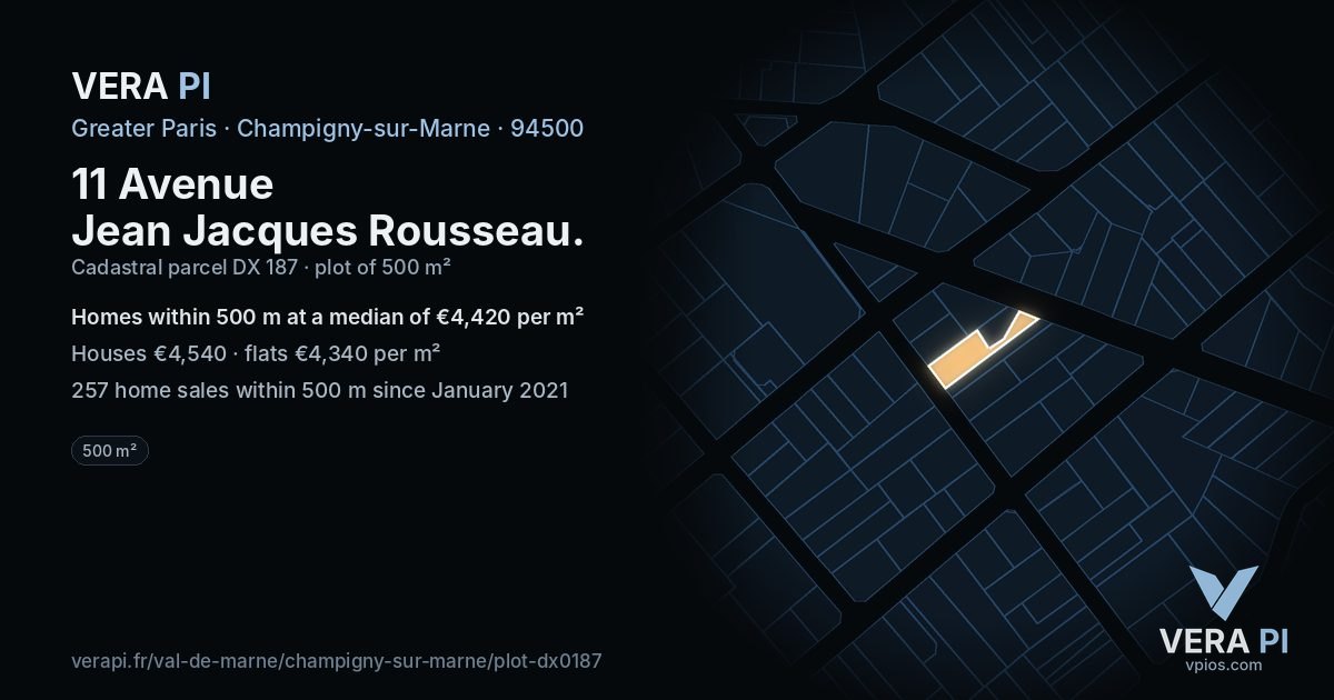 11 Avenue Jean Jacques Rousseau, Champigny-sur-Marne at night – the plot lit, the parcels around coloured by the prices near them