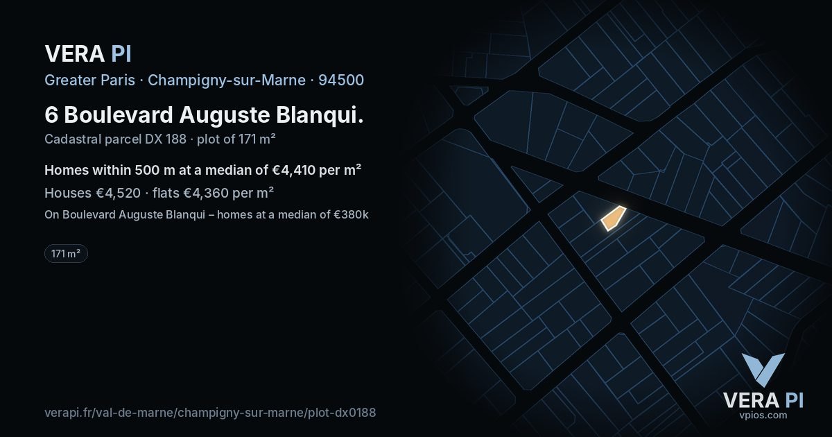 6 Boulevard Auguste Blanqui, Champigny-sur-Marne at night – the plot lit, the parcels around coloured by the prices near them