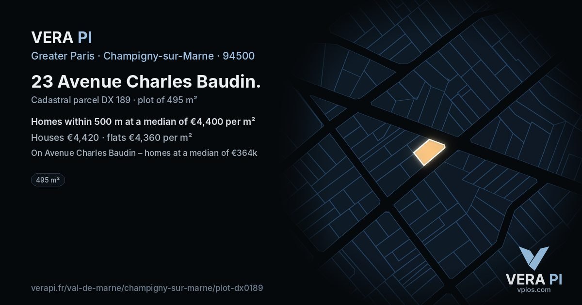 23 Avenue Charles Baudin, Champigny-sur-Marne at night – the plot lit, the parcels around coloured by the prices near them