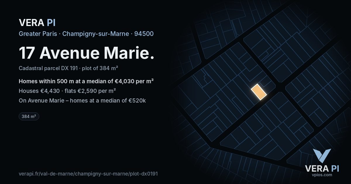 17 Avenue Marie, Champigny-sur-Marne at night – the plot lit, the parcels around coloured by the prices near them