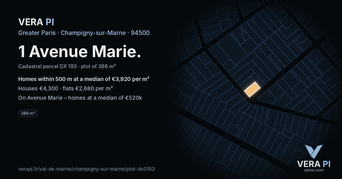 1 Avenue Marie, Champigny-sur-Marne at night – the plot lit, the parcels around coloured by the prices near them